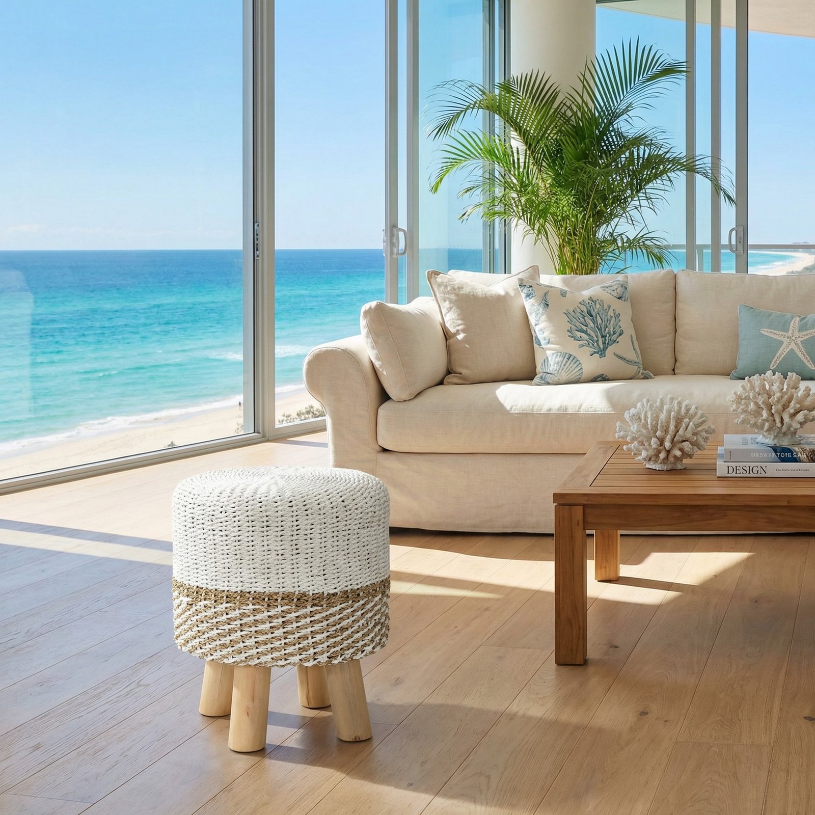 Seagrass Rattan Stool with Teak Legs-Beige/White 19"H