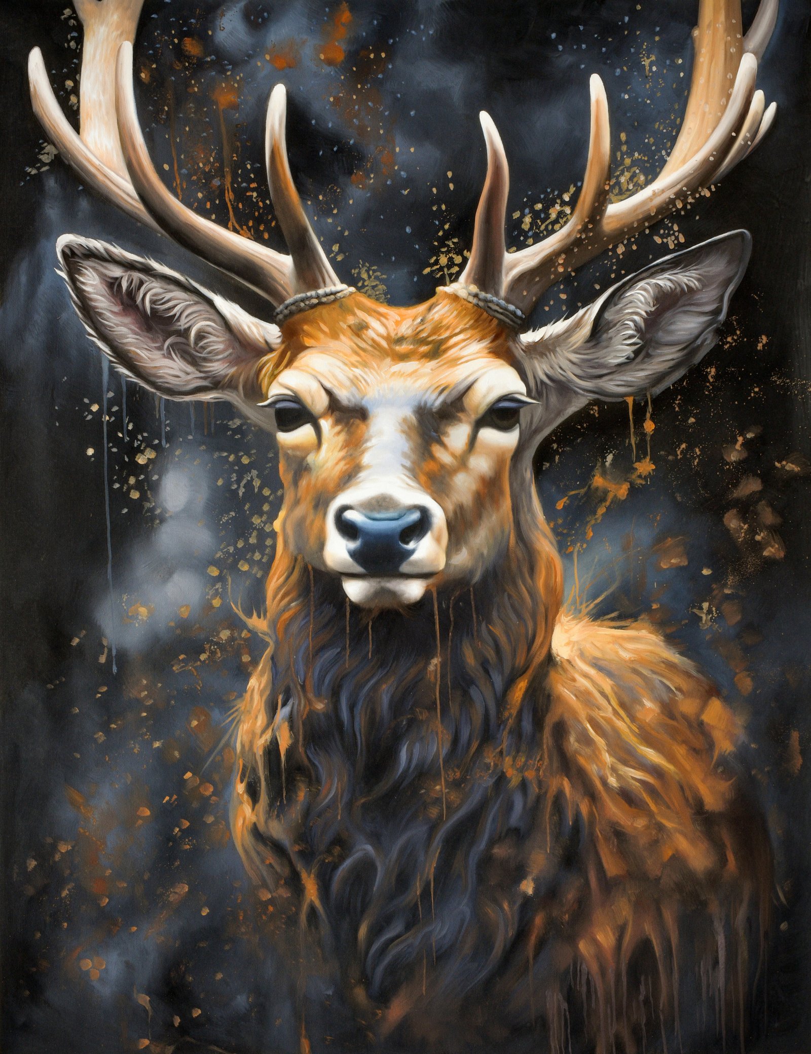 Gold Deer Face 36x48 Gallery Wrapped Hand Embellished Giclee Canvas - Image 7