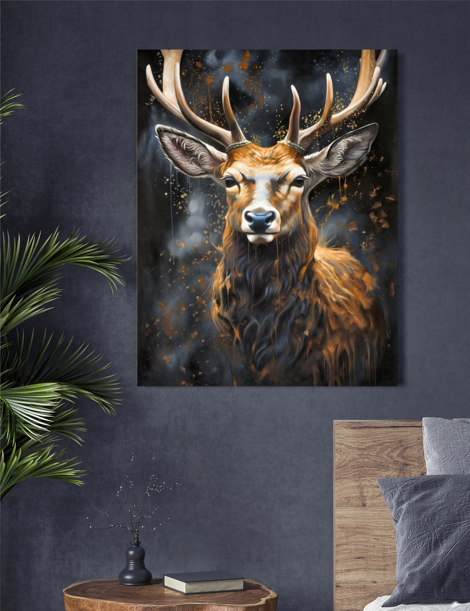 Gold Deer Face 36x48 Gallery Wrapped Hand Embellished Giclee Canvas - Image 8