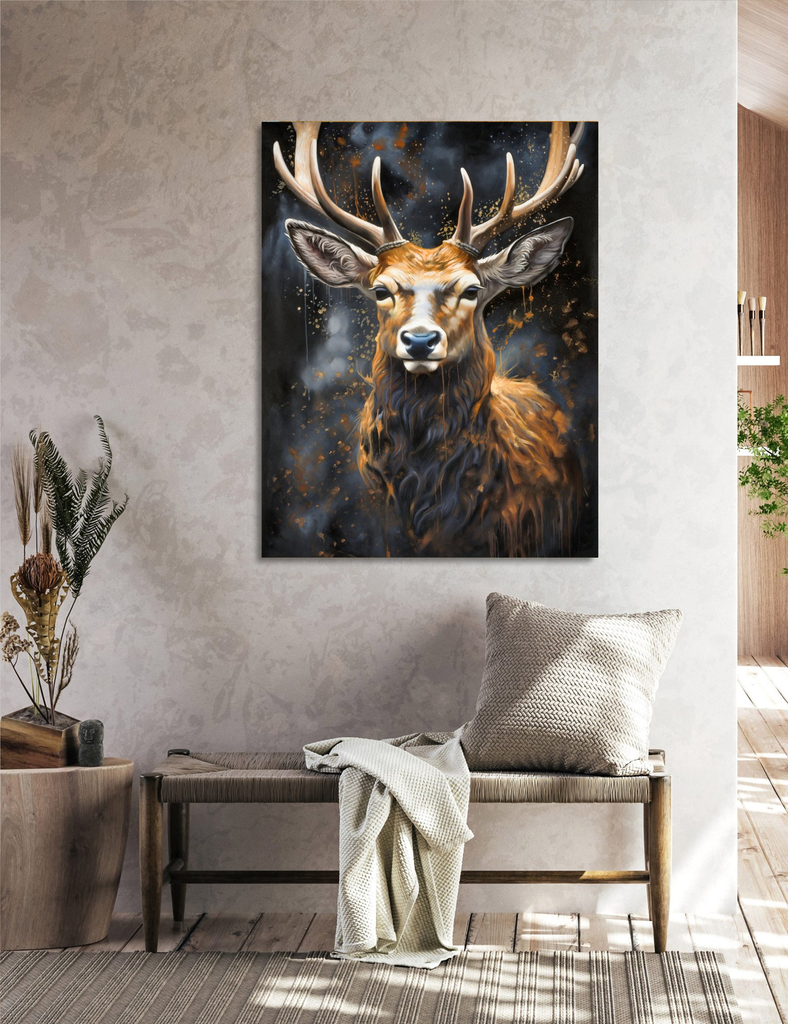 Gold Deer Face 36x48 Gallery Wrapped Hand Embellished Giclee Canvas - Image 9