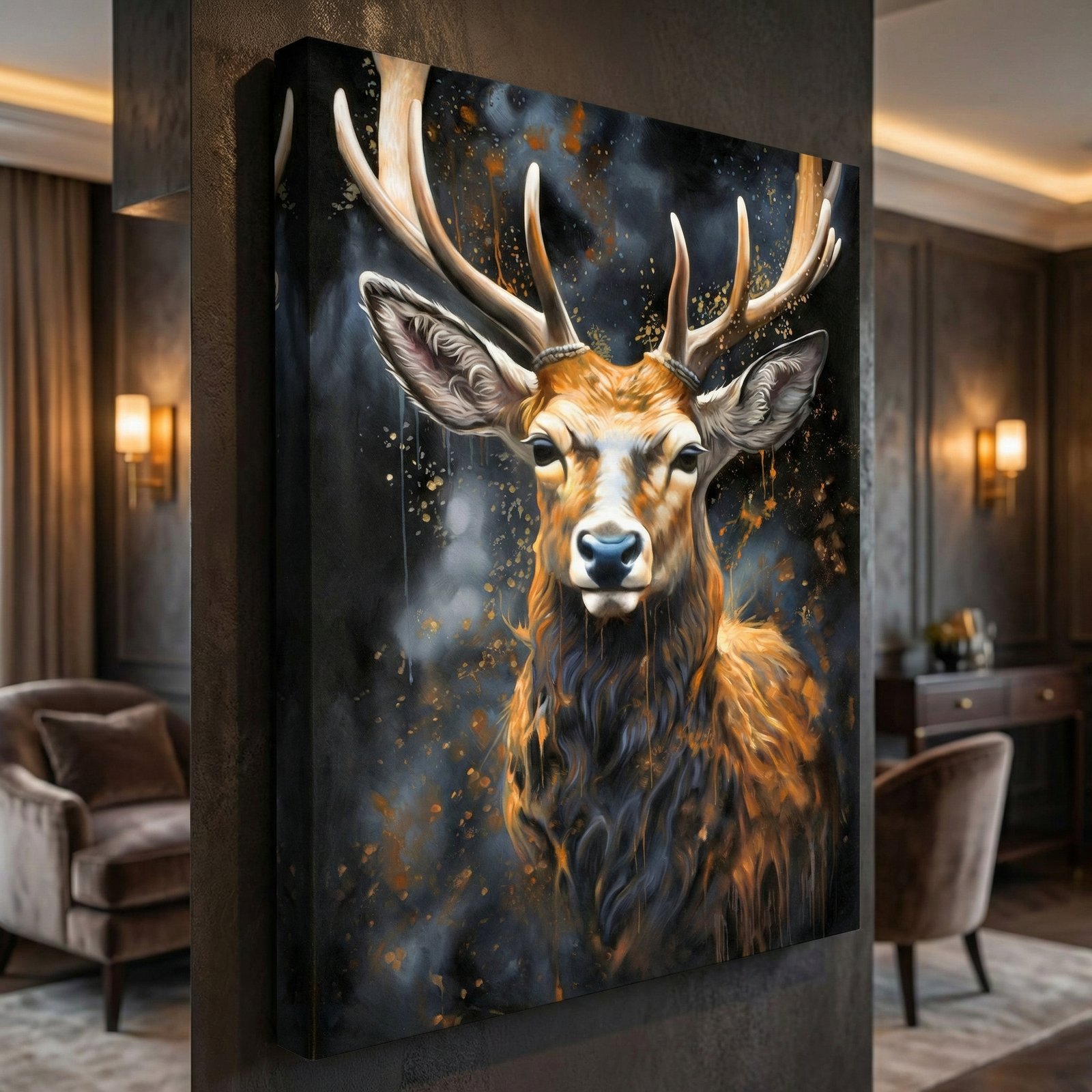 Gold Deer Face 36x48 Gallery Wrapped Hand Embellished Giclee Canvas - Image 2