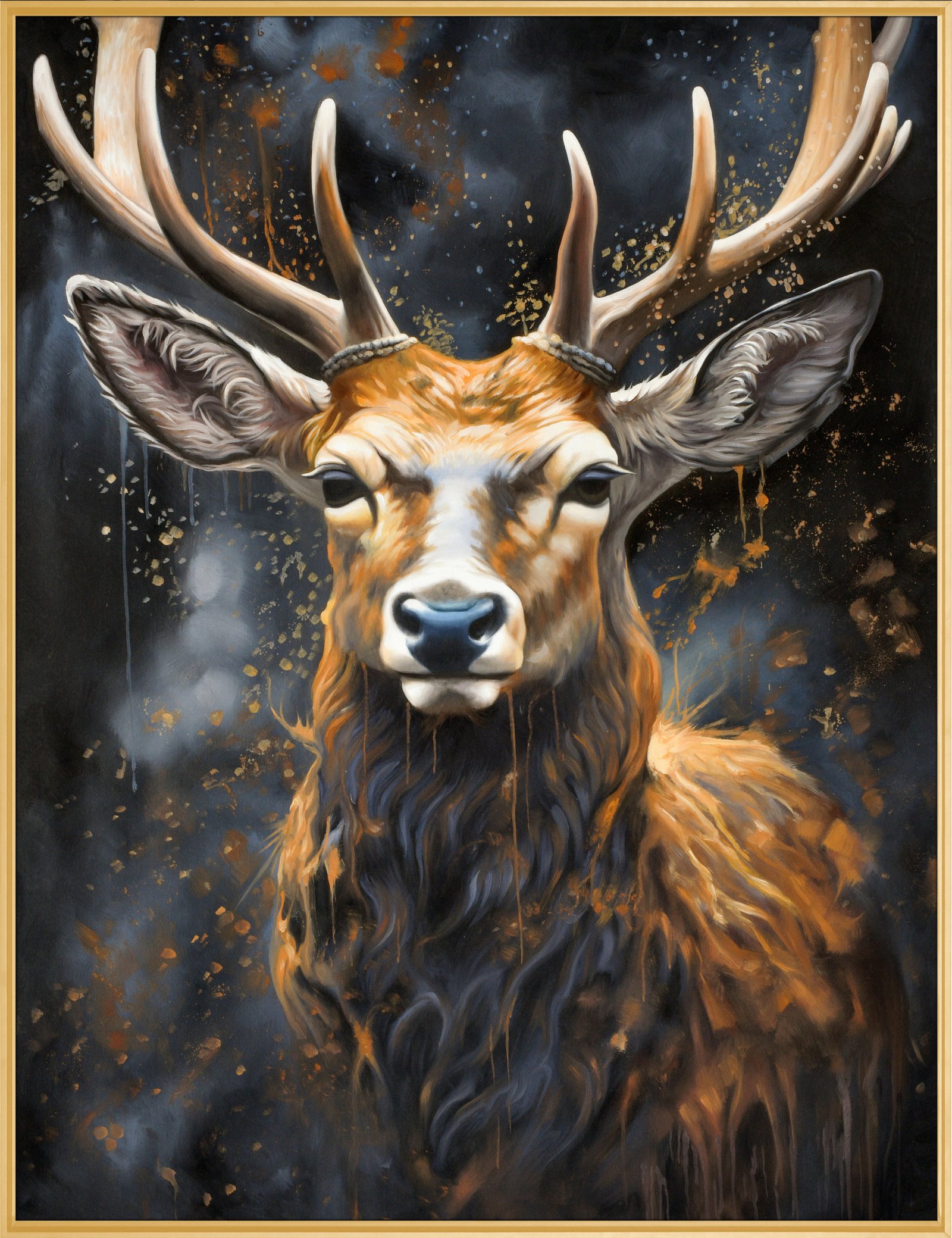 Gold Deer Face 36x48 Gallery Wrapped Hand Embellished Giclee Canvas - Image 6