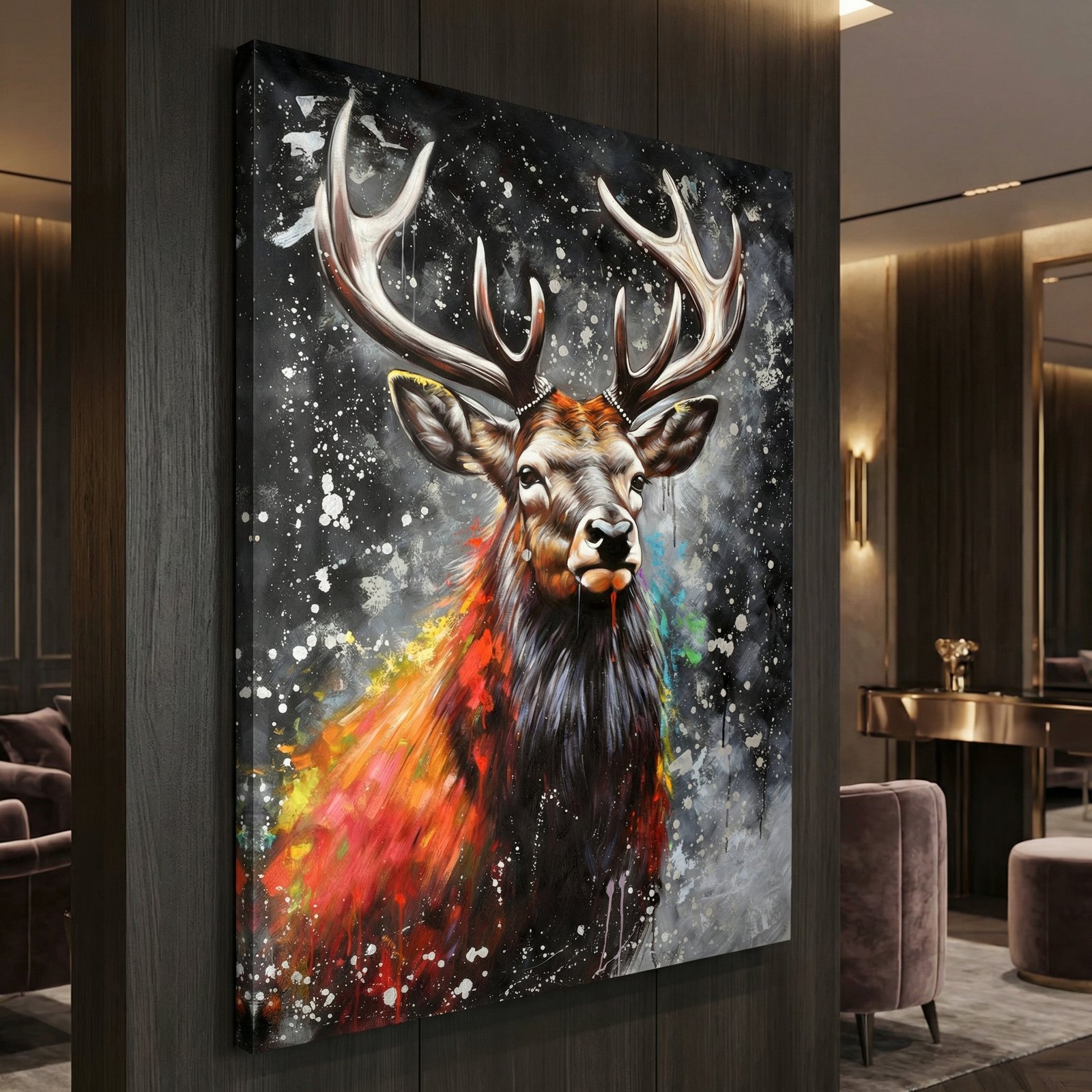 Silver Deer Face 36x48 Gallery Wrapped Hand Embellished Giclee Canvas