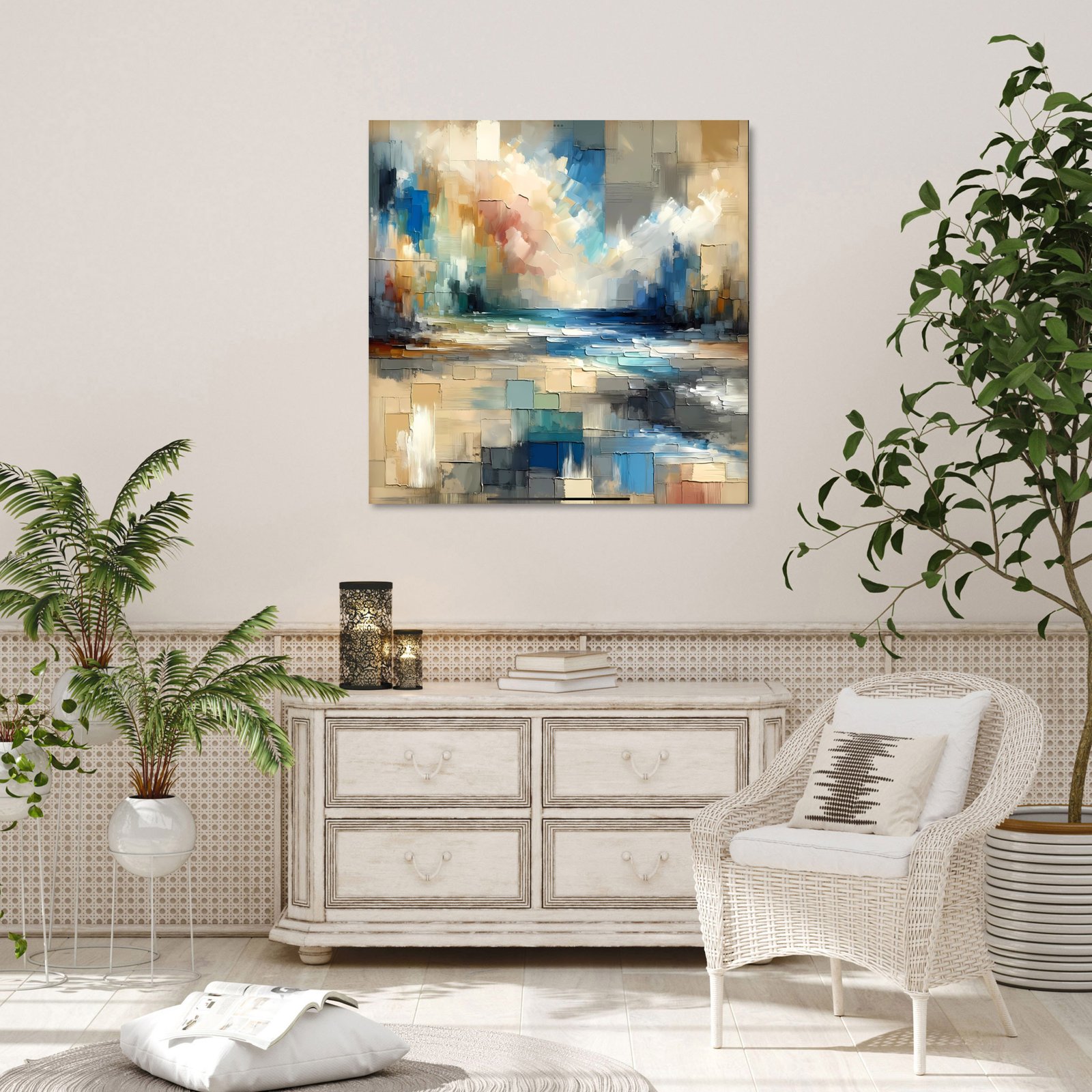Blue Squares Abstract 36x48 Gallery Wrapped Hand Embellished Giclee Canvas