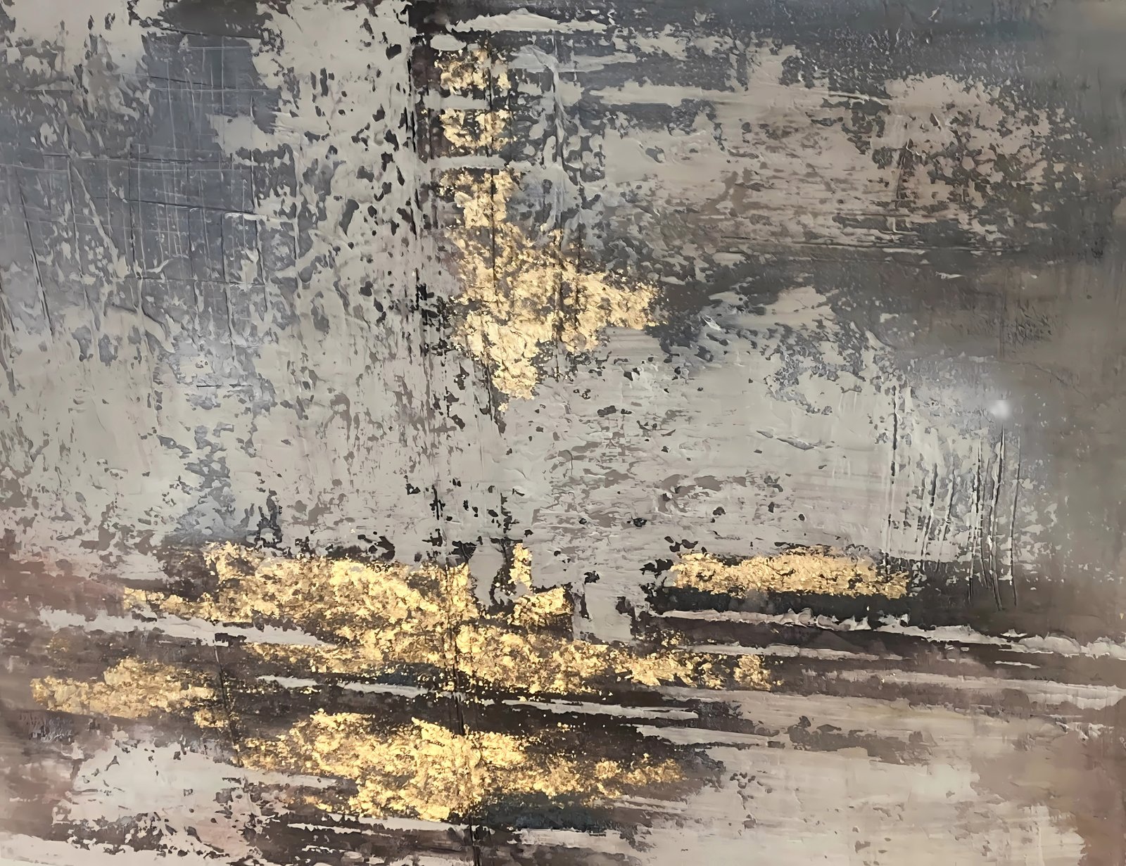 Grey and Gold Abstract 36x48 Gallery Wrapped Hand Embellished Giclee Canvas