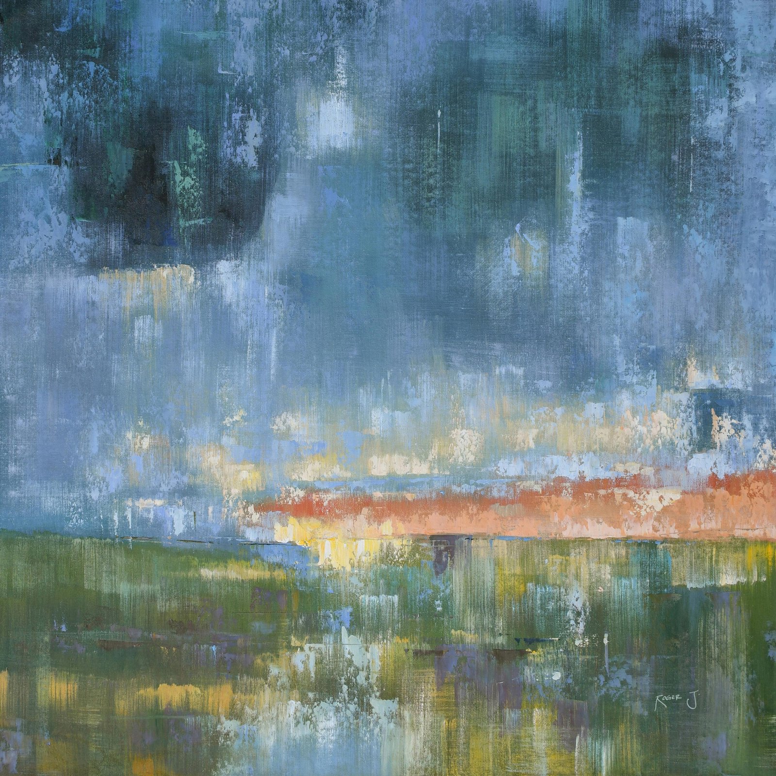 Mini Blue Green Landscape 36x48 Gallery Wrapped Hand Embellished Giclee Canvas