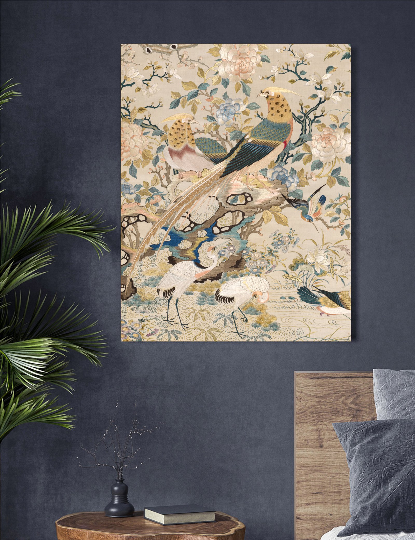 Golden Pheasants & Cranes Birds 36x48 Gallery Wrapped Hand Embellished Giclee Canvas - Image 9