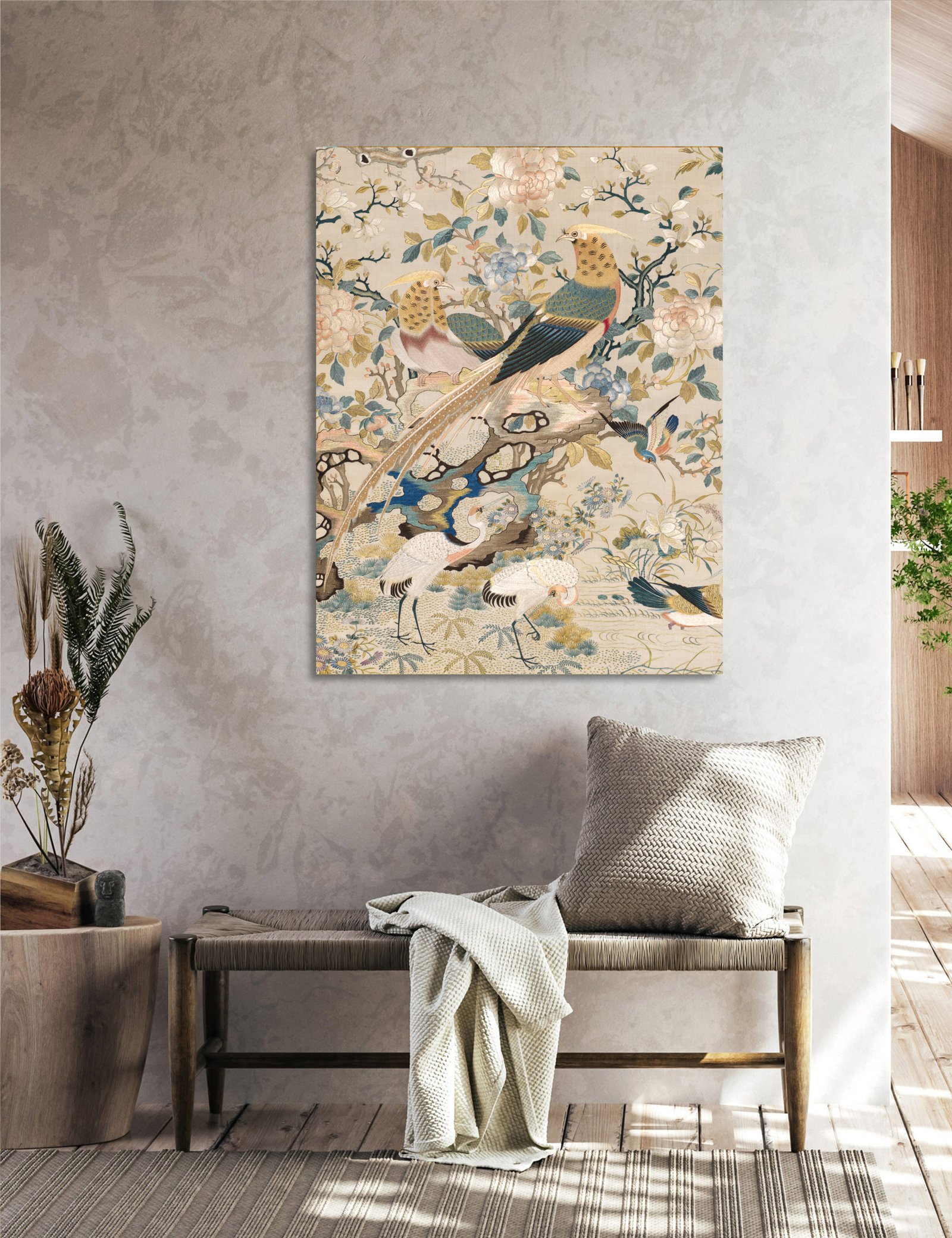Golden Pheasants & Cranes Birds 36x48 Gallery Wrapped Hand Embellished Giclee Canvas - Image 5