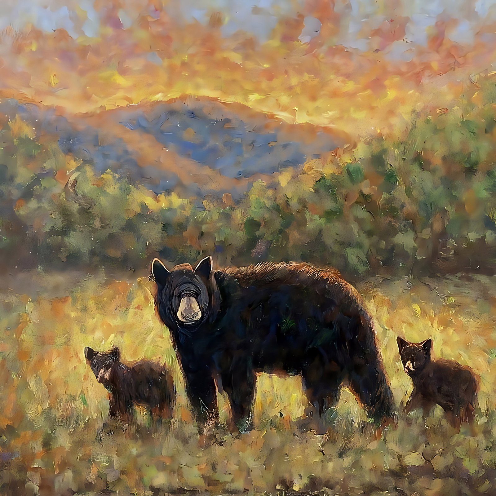 Mother Bear with Cubs 36x48 Gallery Wrapped Hand Embellished Giclee Canvas