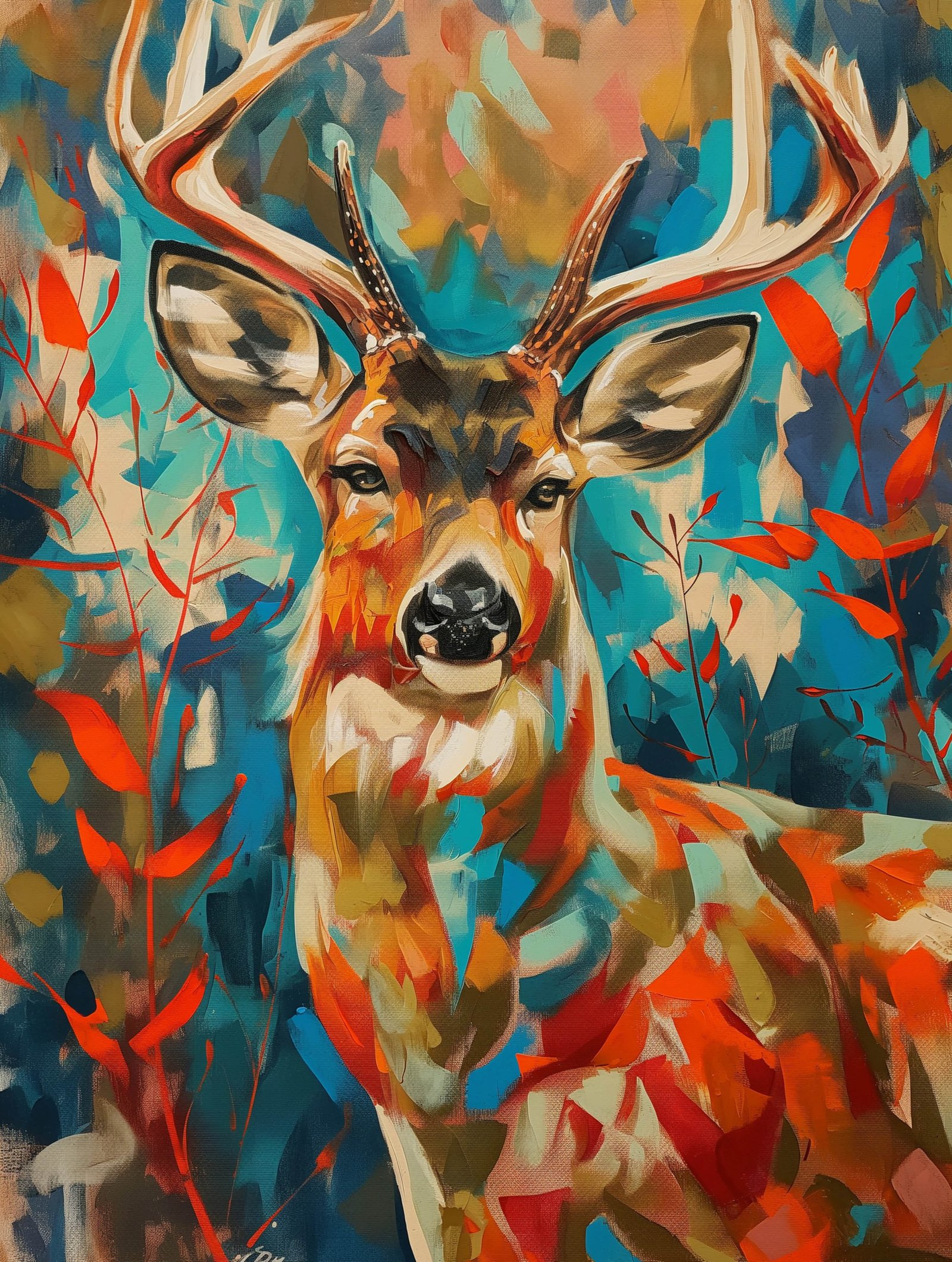 Colored Portrait of a Stag Deer 36x48 Gallery Wrapped Hand Embellished Giclee Canvas