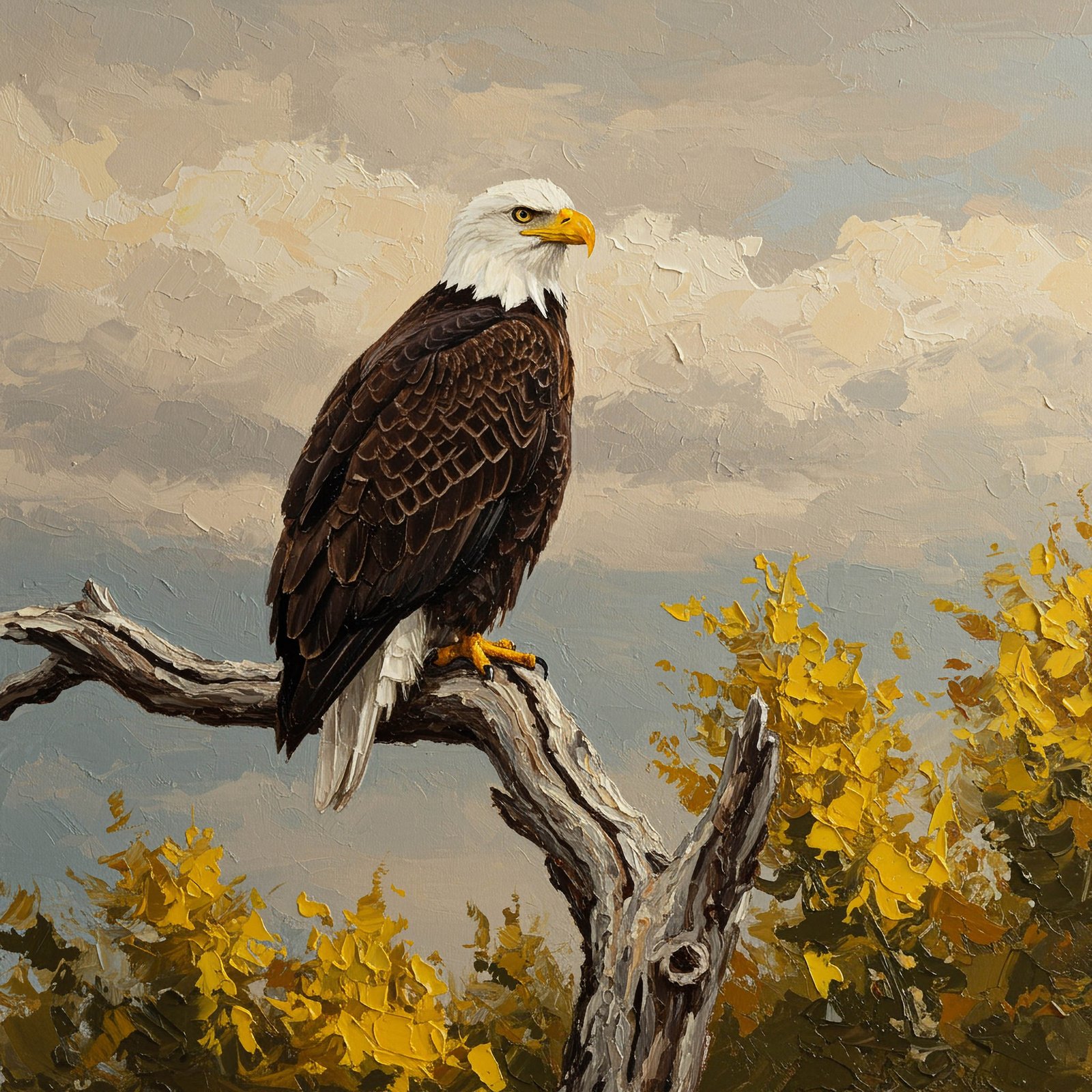 American Eagle on Tree Branch 36x48 Gallery Wrapped Hand Embellished Giclee Canvas