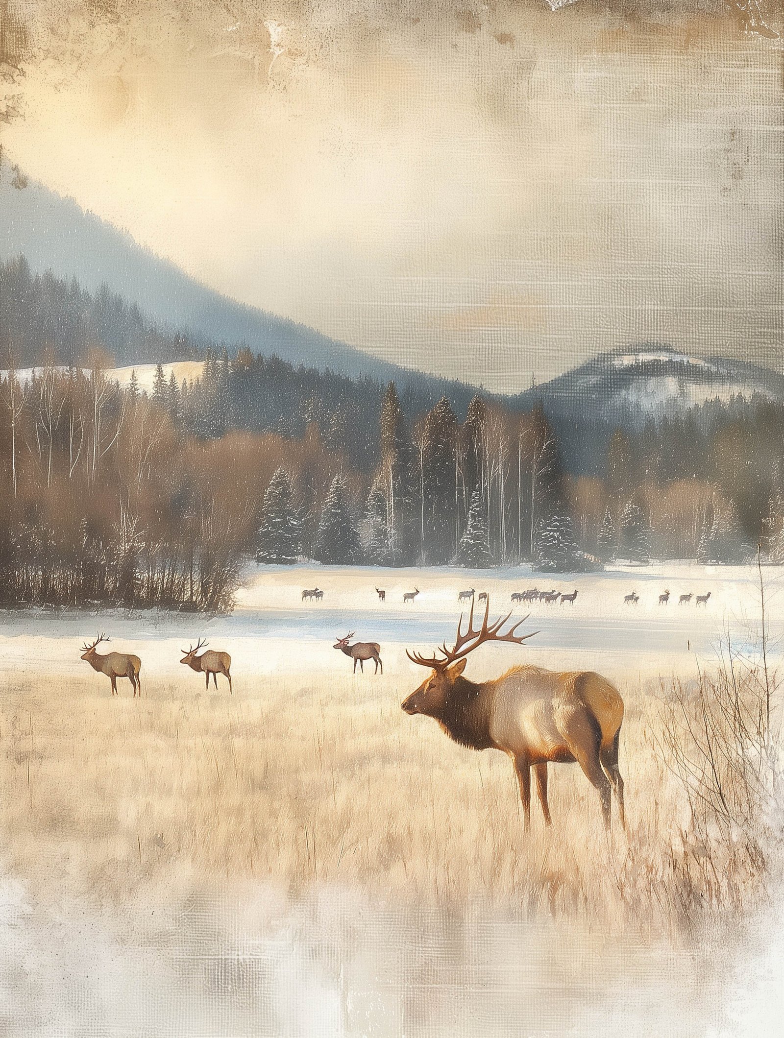 Deer in the Mountains 36x48 Gallery Wrapped Hand Embellished Giclee Canvas
