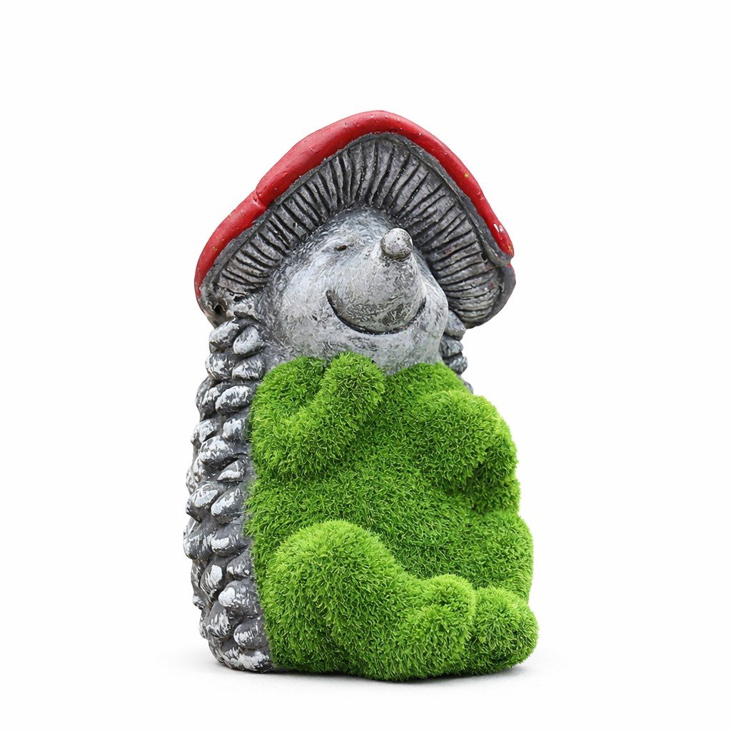 Green Turf Hedgehog Sculpture with Mushroom Hat