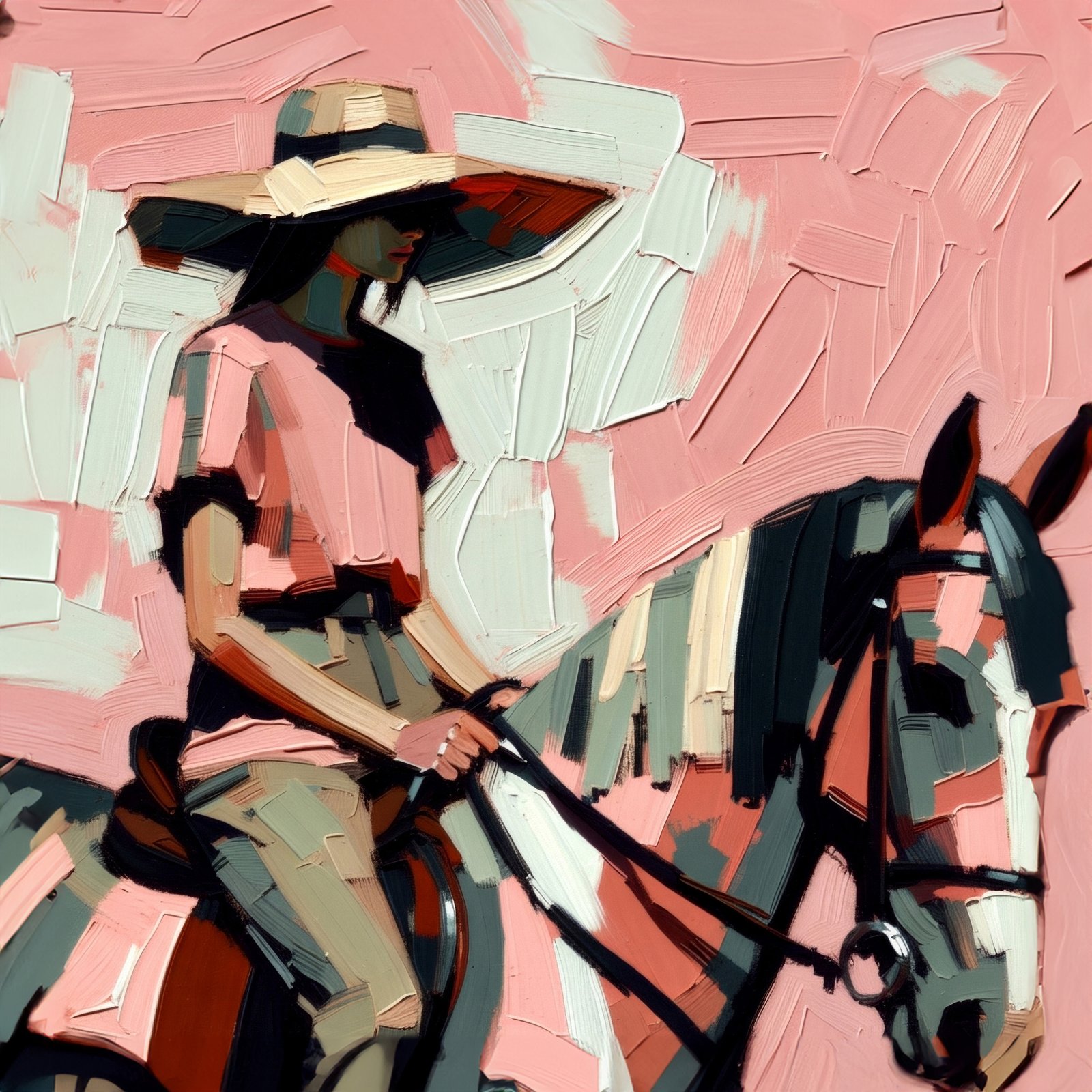 Abstract Pink and Gray Woman on Horse 36x48 Gallery Wrapped Hand Embellished Giclee Canvas