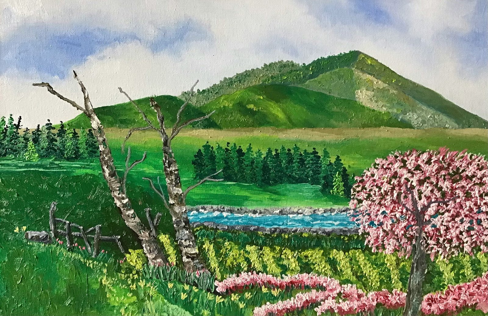 Green Field with Mountain 36x48 Gallery Wrapped Hand Embellished Giclee Canvas - Image 3