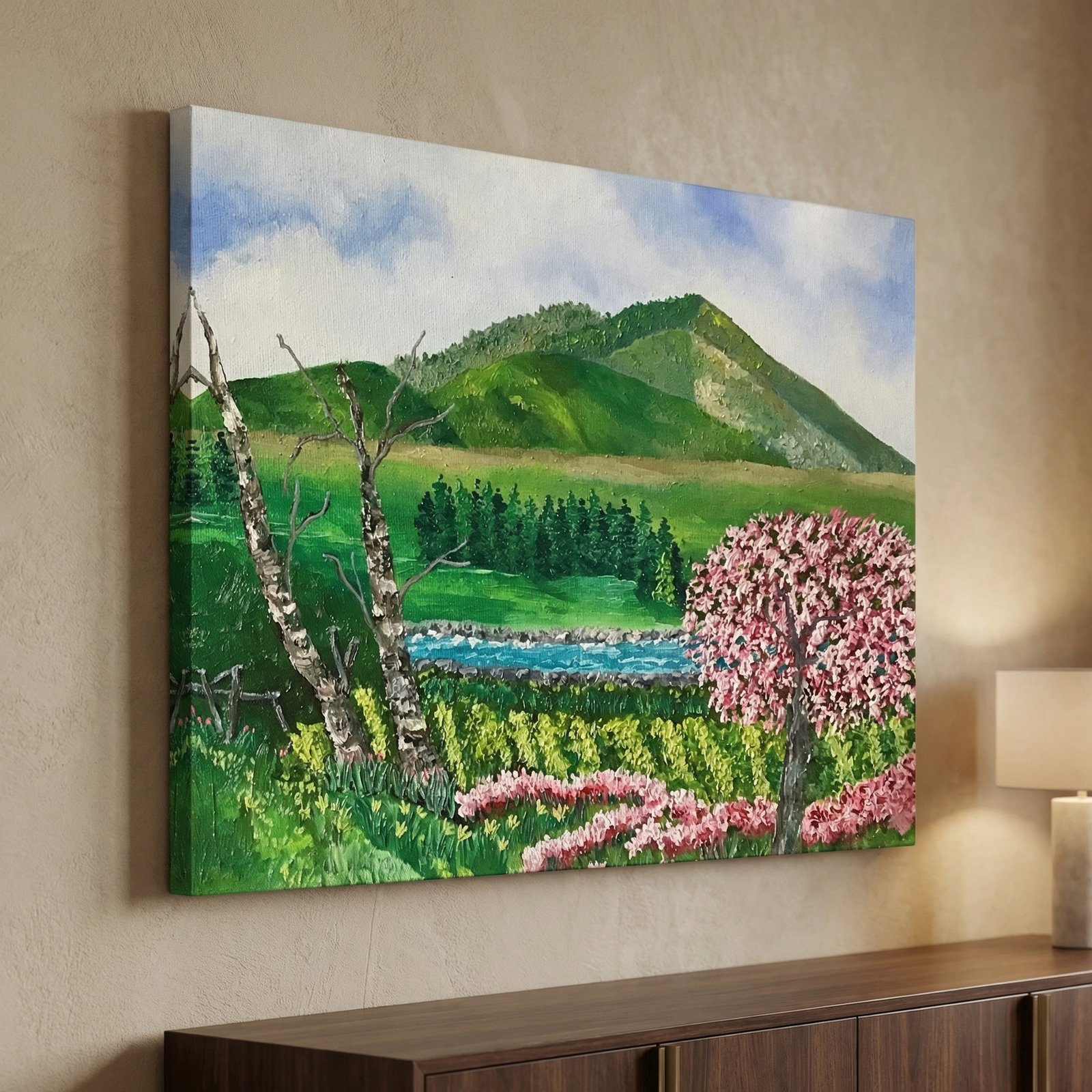 Green Field with Mountain 36x48 Gallery Wrapped Hand Embellished Giclee Canvas