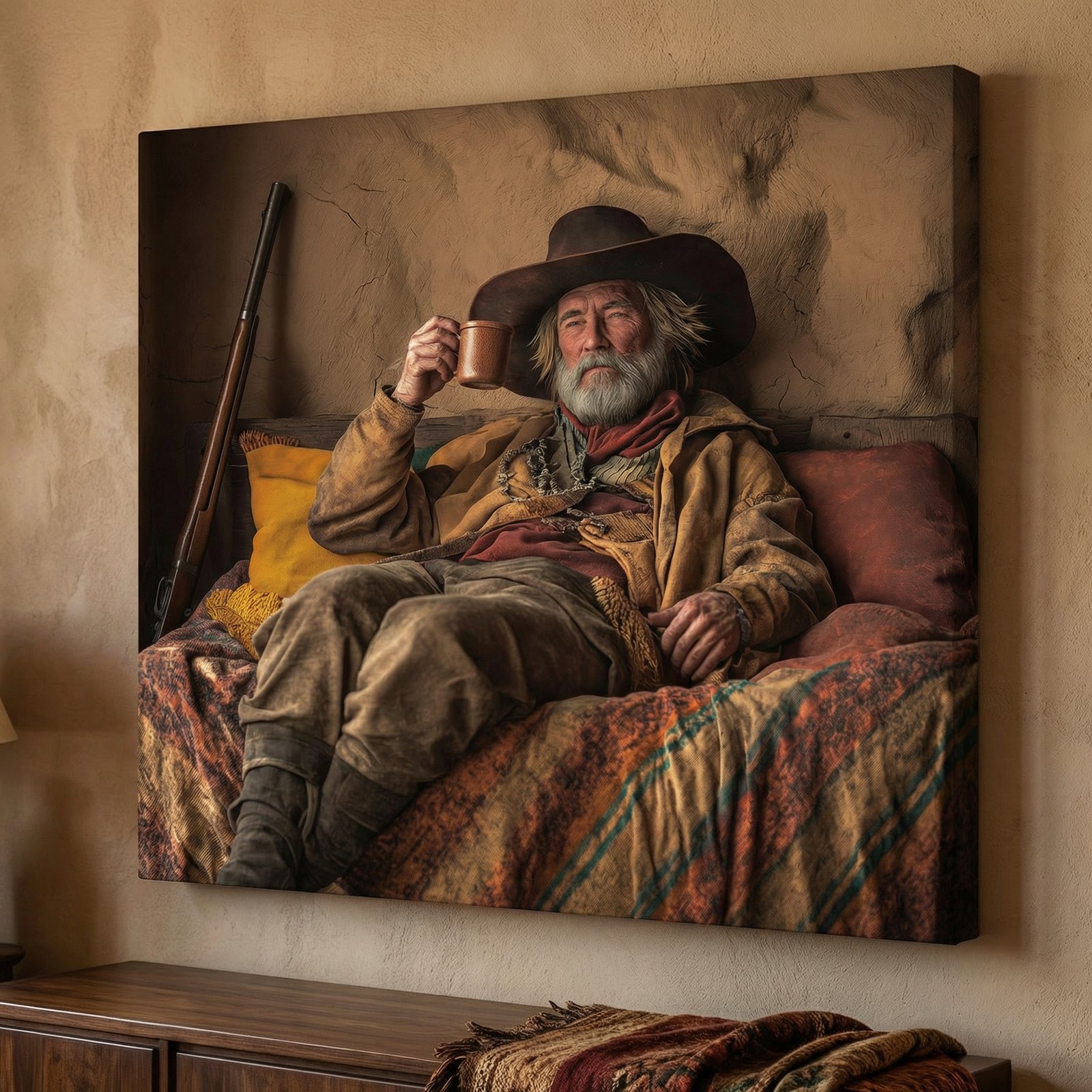 Man in Chair Drinking Whiskey 1 36x48 Gallery Wrapped Hand Embellished Giclee Canvas - Image 2