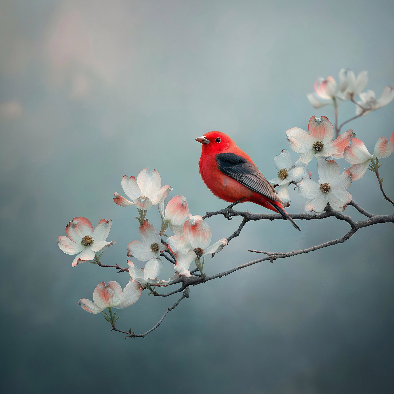 Red Bird on Branch 36x48 Gallery Wrapped Hand Embellished Giclee Canvas - Image 3