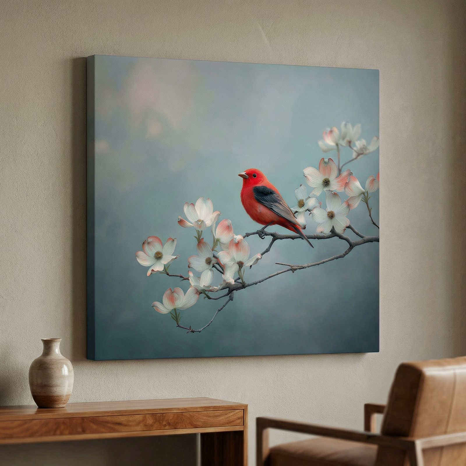 Red Bird on Branch 36x48 Gallery Wrapped Hand Embellished Giclee Canvas