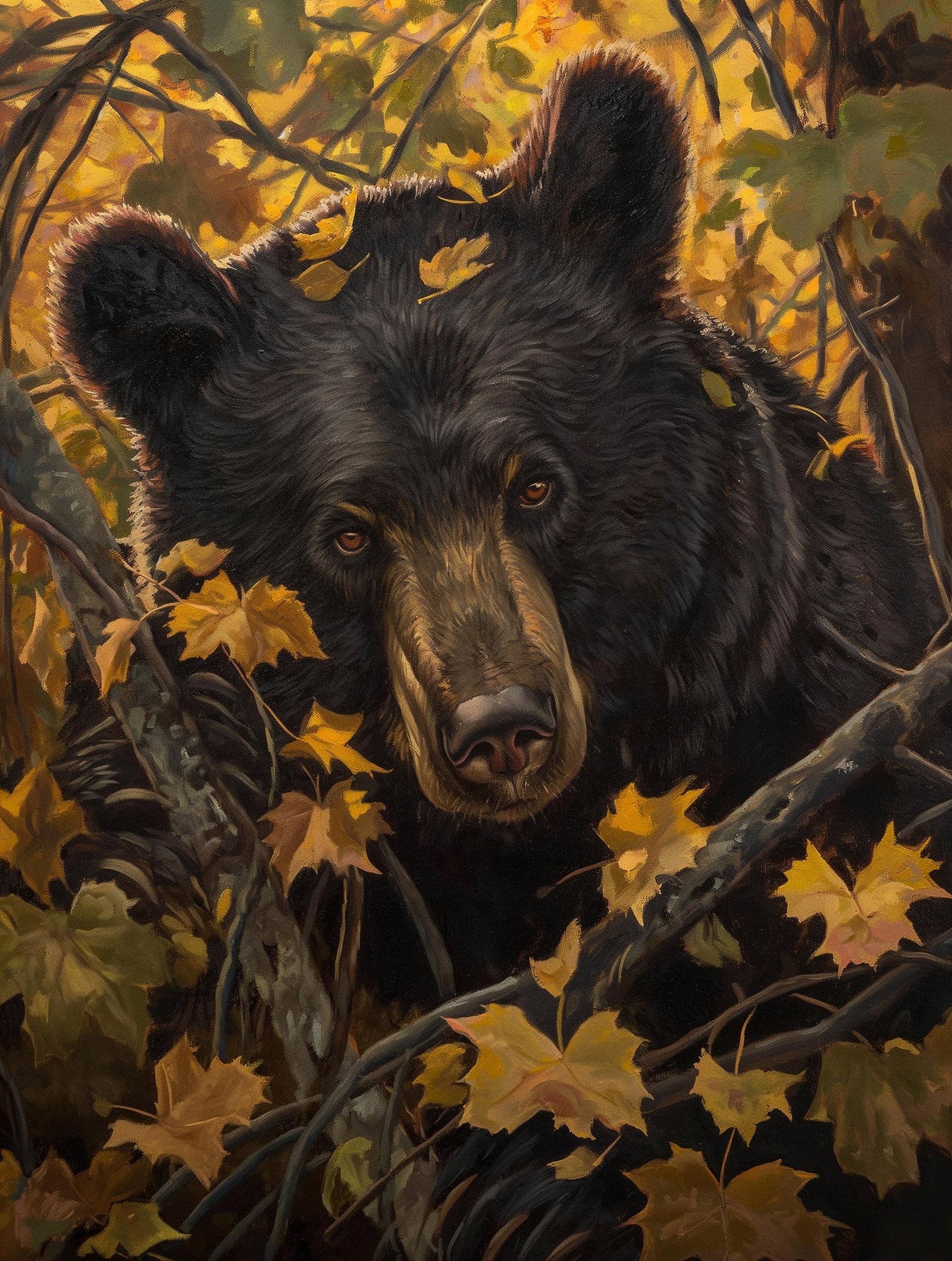 Bear In an Autumn Leaves Forest 36x48 Gallery Wrapped Hand Embellished Giclee Canvas - Image 3