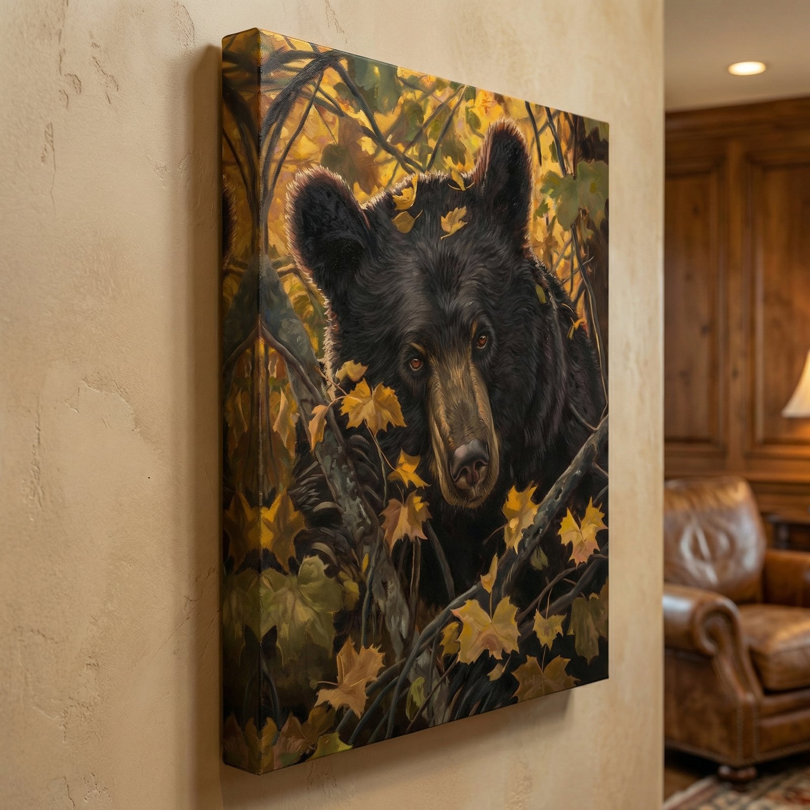 Bear In an Autumn Leaves Forest 36x48 Gallery Wrapped Hand Embellished Giclee Canvas