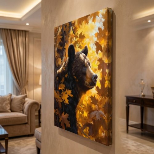 Bear In an Autumn Leaves 36x48 Gallery Wrapped Hand Embellished Giclee Canvas