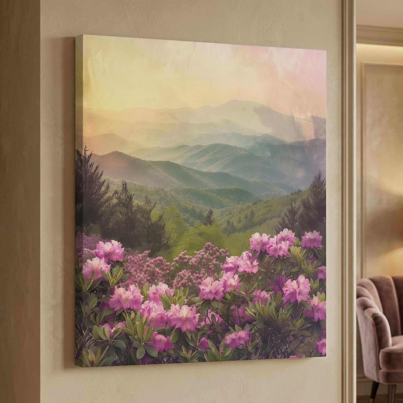 Mountain Field of Pink Flowers 36x48 Gallery Wrapped Hand Embellished Giclee Canvas