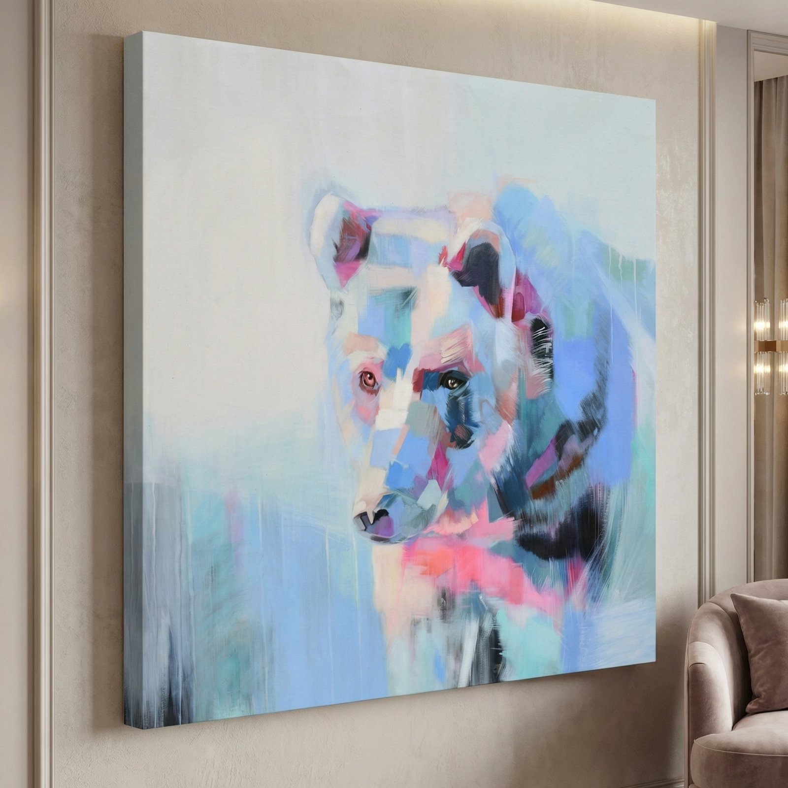 Pink Watercolor Bear 36x48 Gallery Wrapped Hand Embellished Giclee Canvas