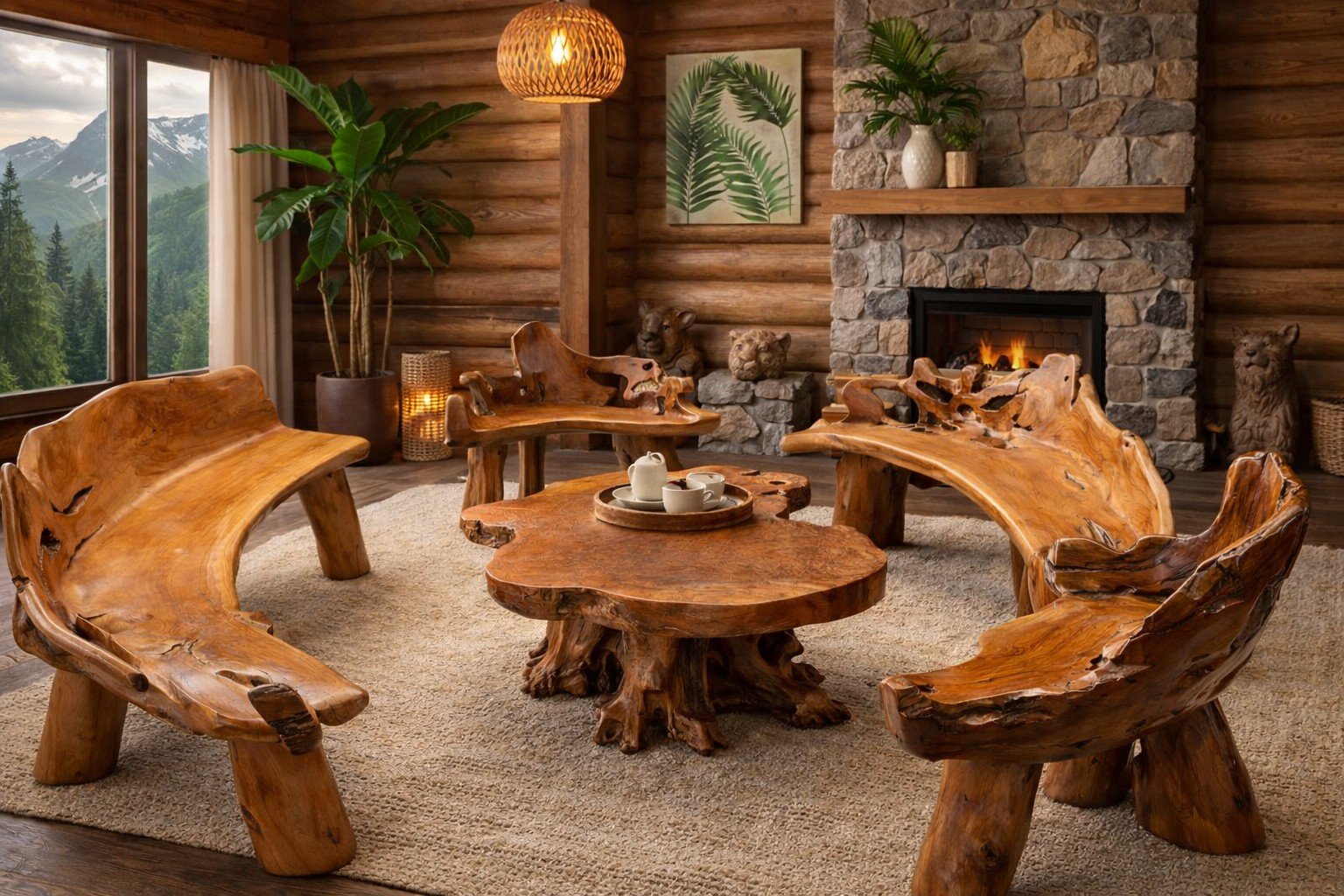 Teak Root Coffee Table with 4 Chairs