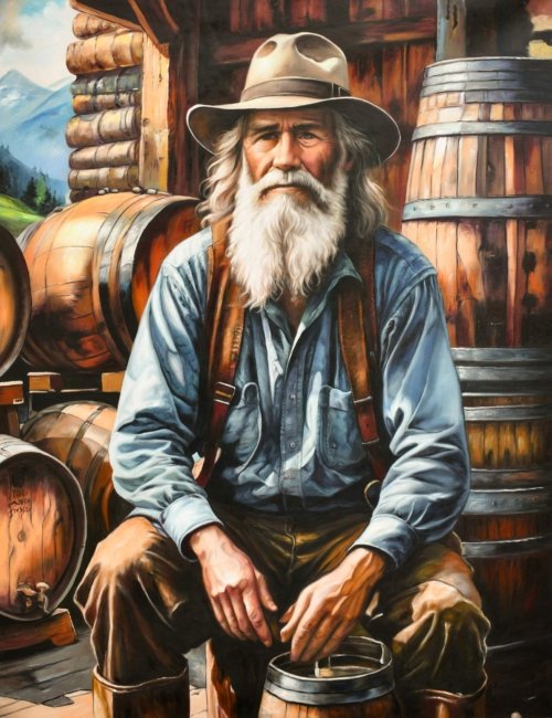 Man Sitting on Whiskey Barrels Giclee
