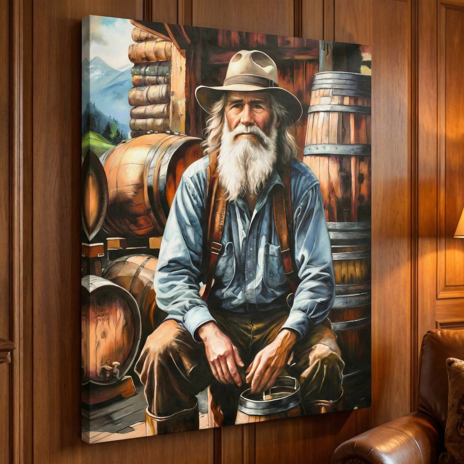 Man Sitting on Whiskey Barrels Giclee