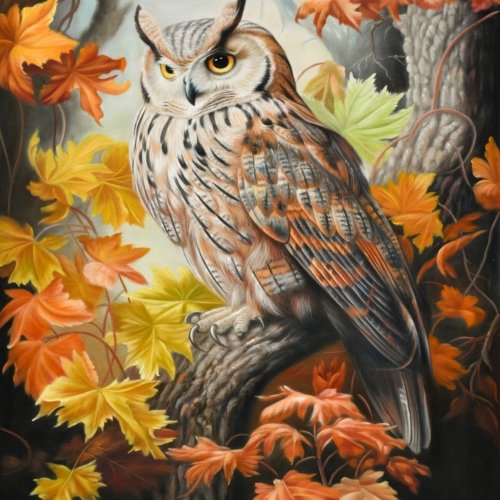 Owls in Autumn Leaves Giclee