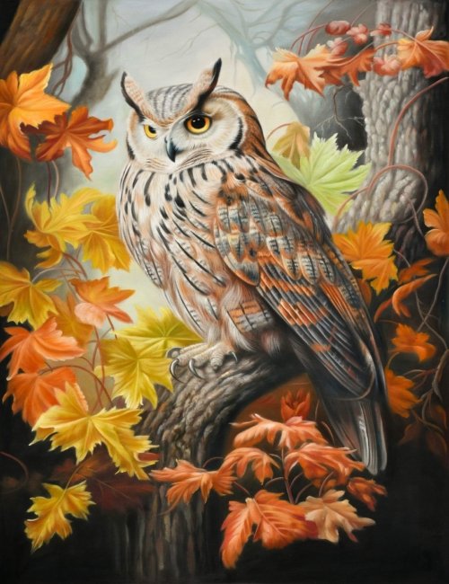 Owls in Autumn Leaves Giclee