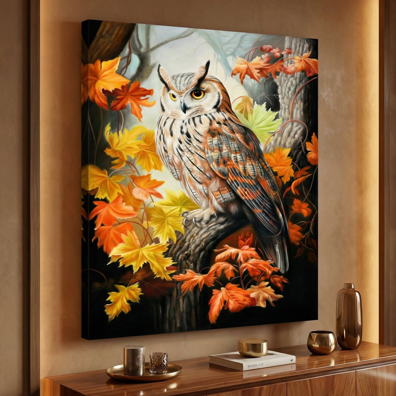Owls in Autumn Leaves Giclee