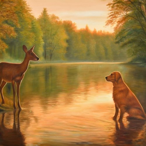 Doe and Dog on the Lake Giclee