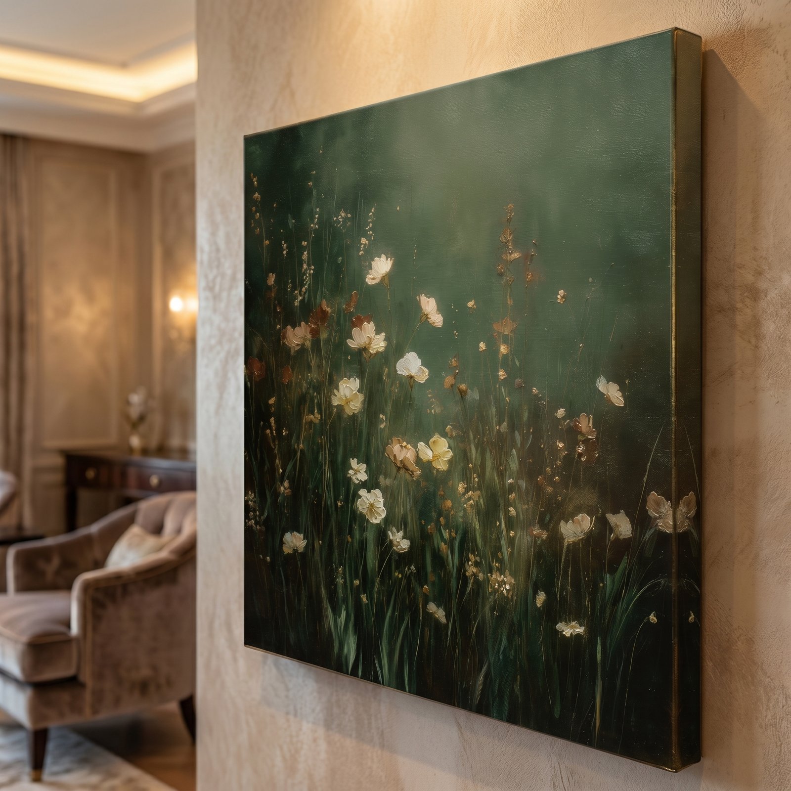 Sage Wild Flowers 36x48 Gallery Wrapped Hand Embellished Giclee Canvas