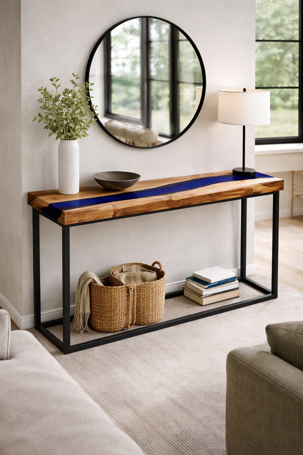 Teak Wood Console Table with Blue Resin