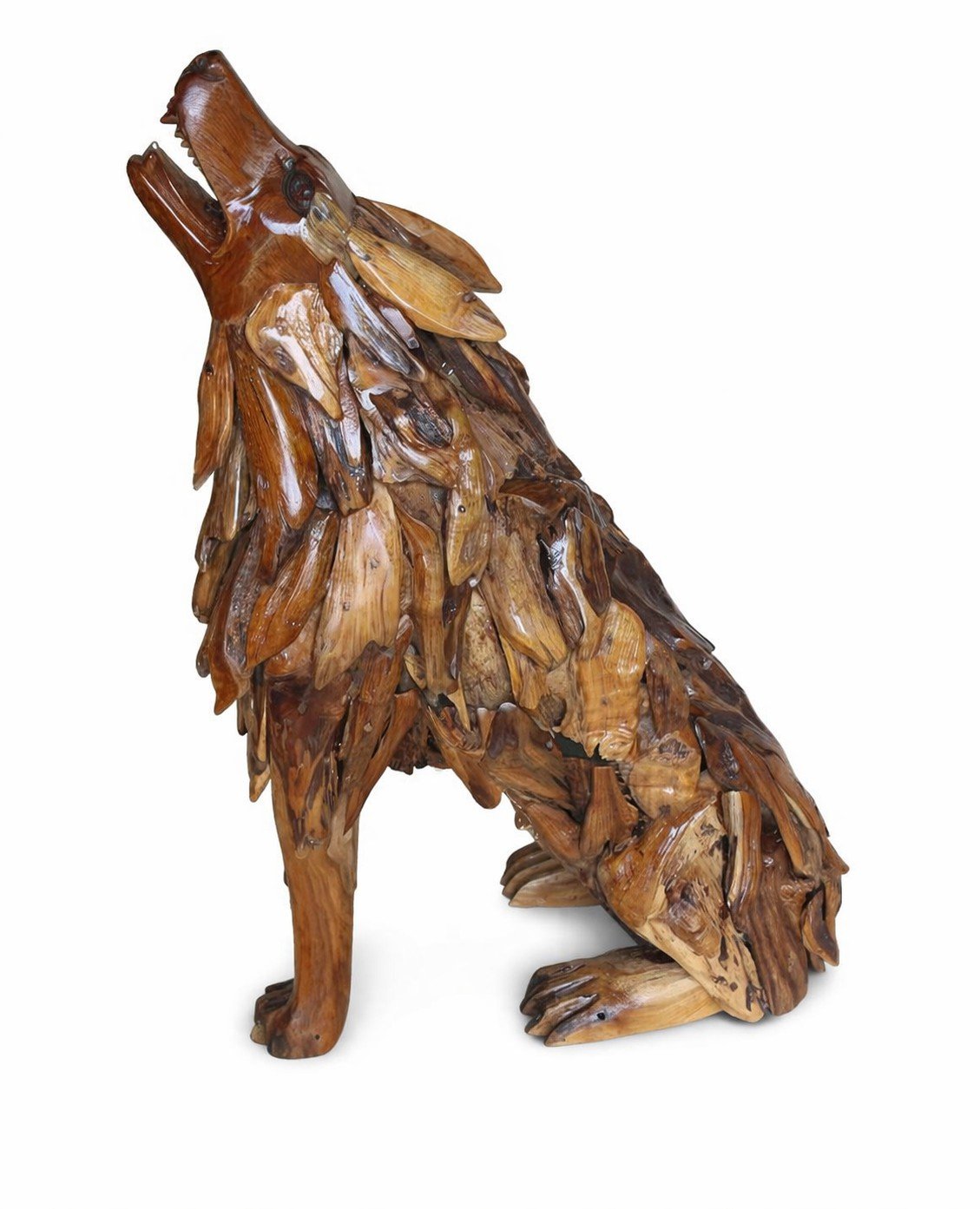 Rustic Teak Howling Wolf Sculpture