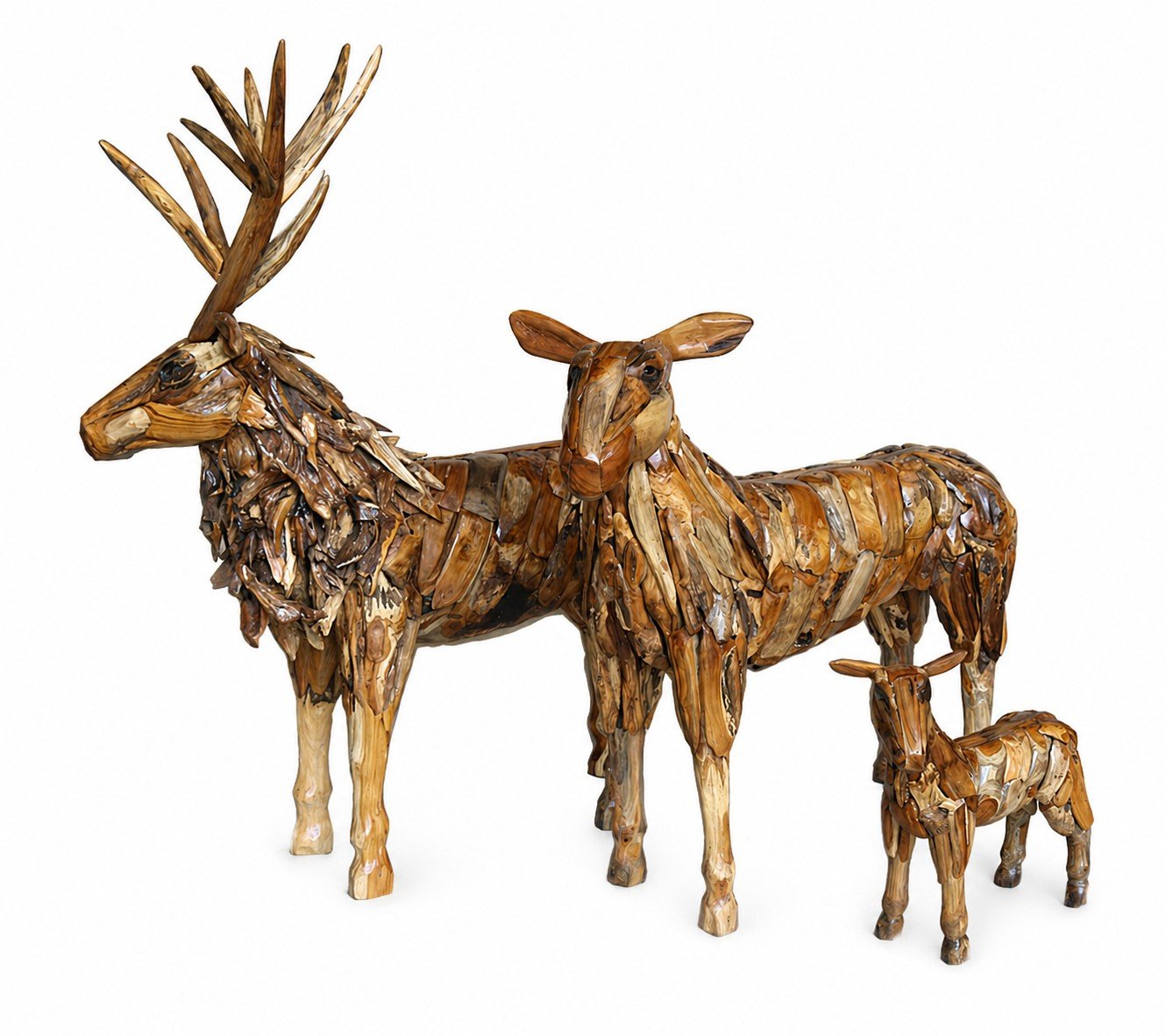 Set of 3 Teak Deer Statues