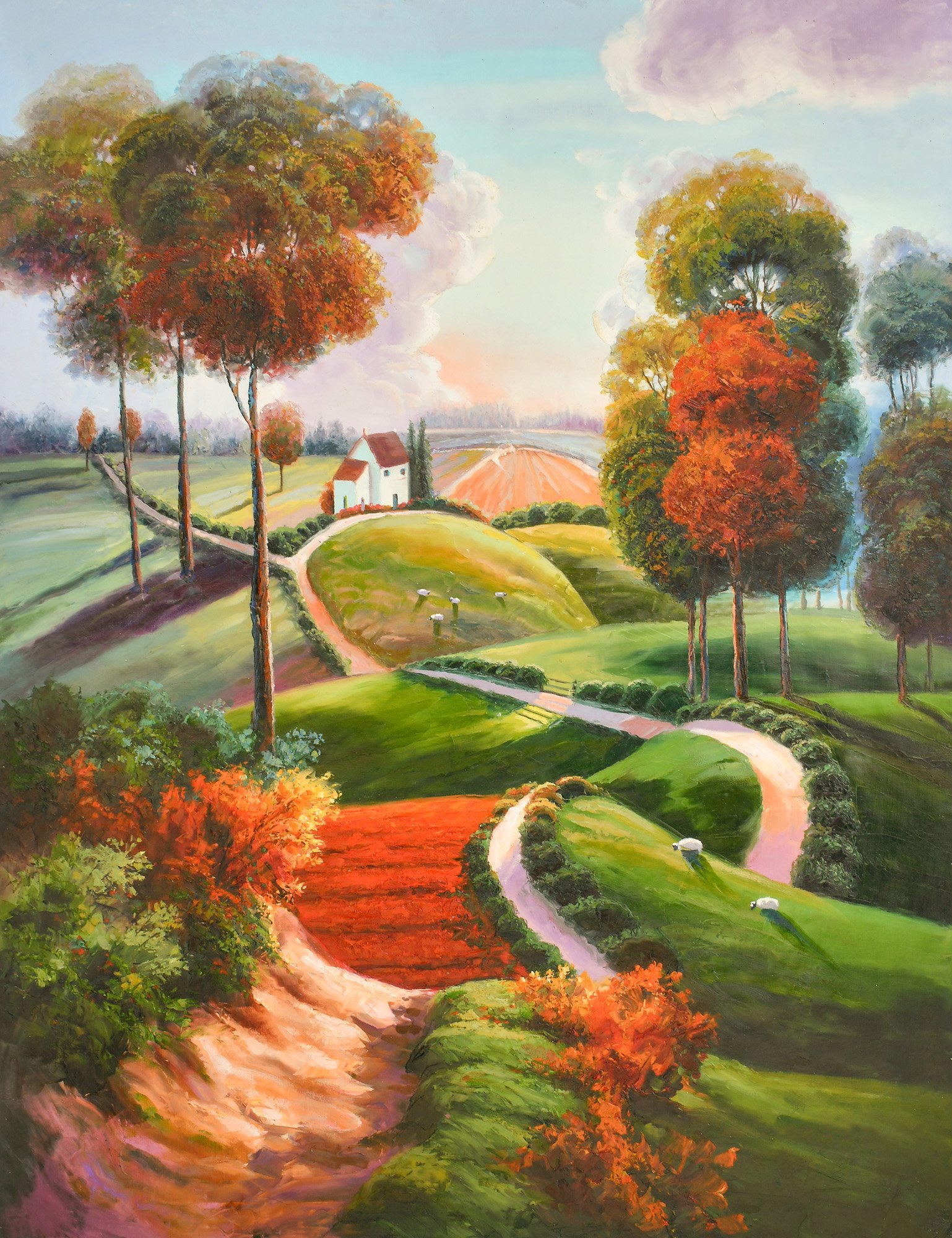 Sunlit Valley Path 36x48 Gallery Wrapped Hand Embellished Giclee Canvas