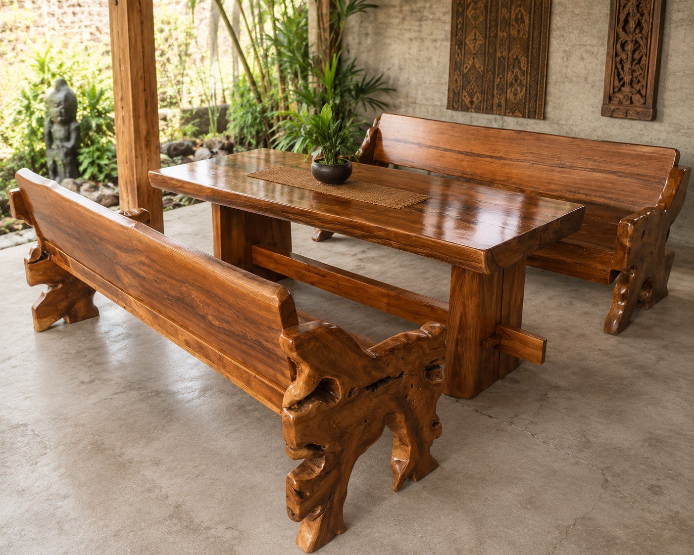 Teak Haven Live Edge Dining Table with Bench Set of 3