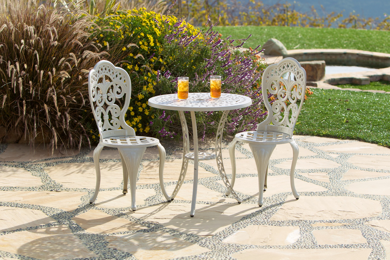 Fiesta Outdoor Aluminum Ecru 3 Piece Bistro Set Room Scene