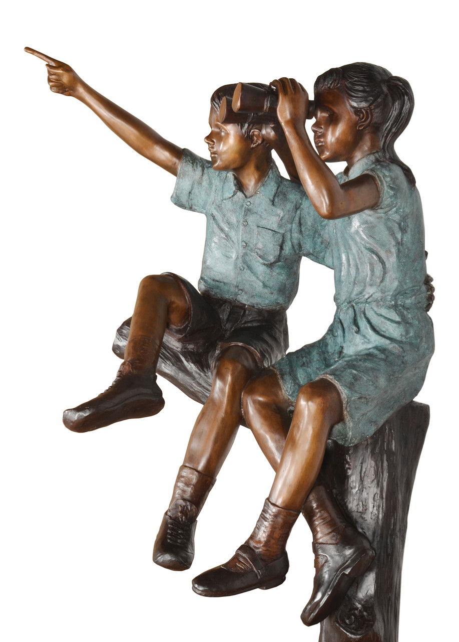 Two Children with Binoculars and Dog 74 Inches Tall Close Up Image