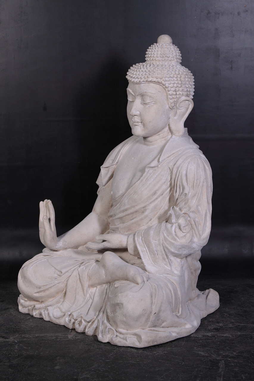 Enlightened Seated Buddha 4 ft in Aged Stone Finish Room Scene
