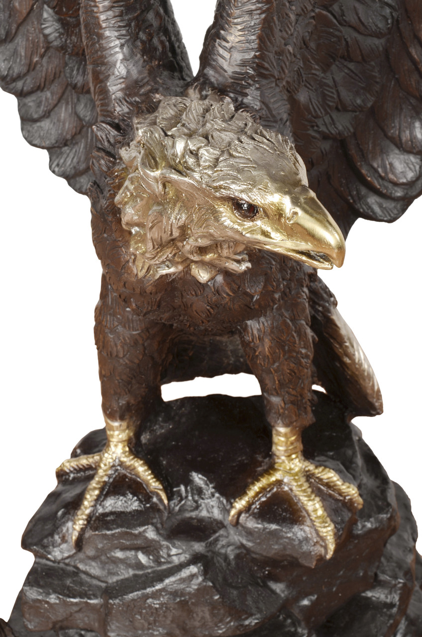 Bronze Eagle Perched on Rock 44 Inch Wide Close Up Image