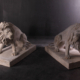 Symmetrical Pair of 39 Inch Entry Lions in Rough Stone