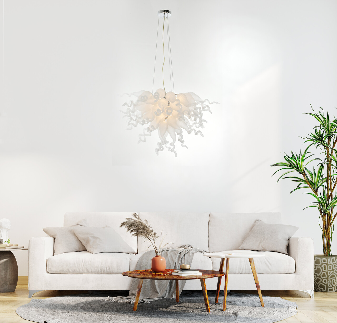 Frosted White Blown Glass Chandelier Close Up Image