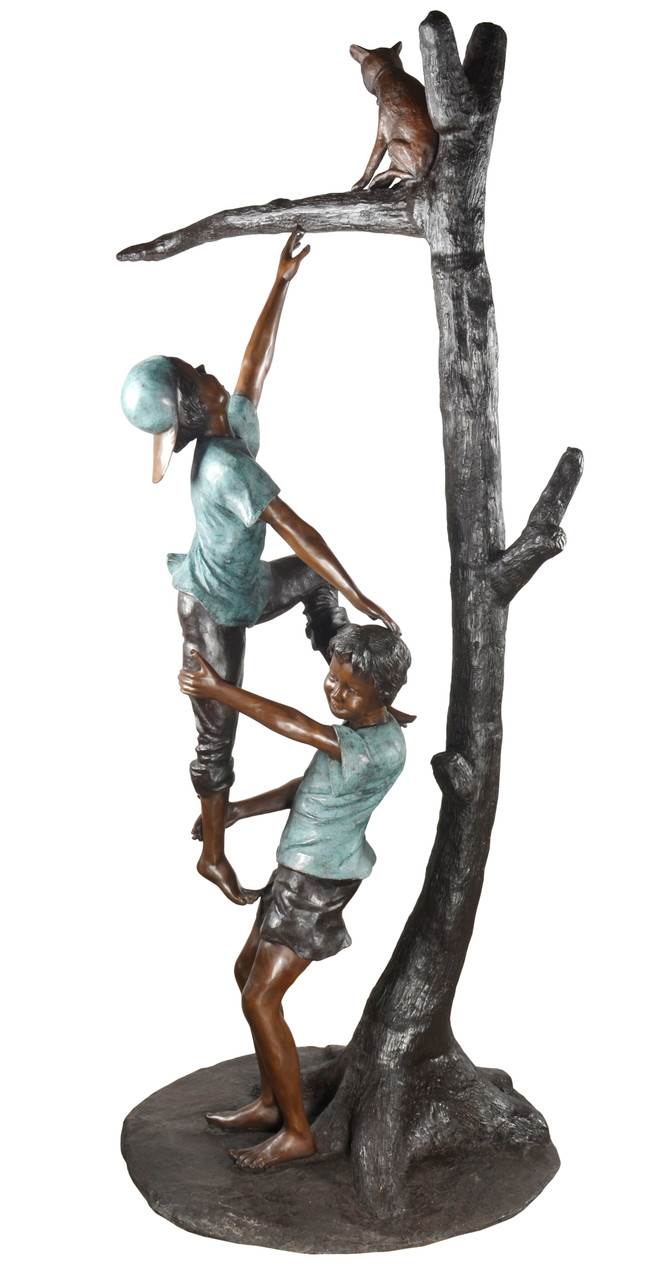 Two Kids with Cat on Tree Close Up Image