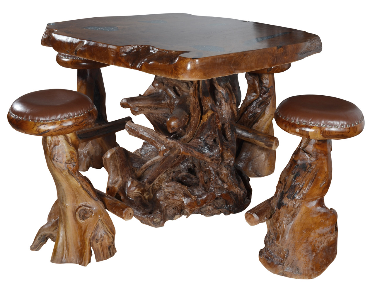 One of a Kind Teak Obsidian Bar Table Set of 5 Room Scene