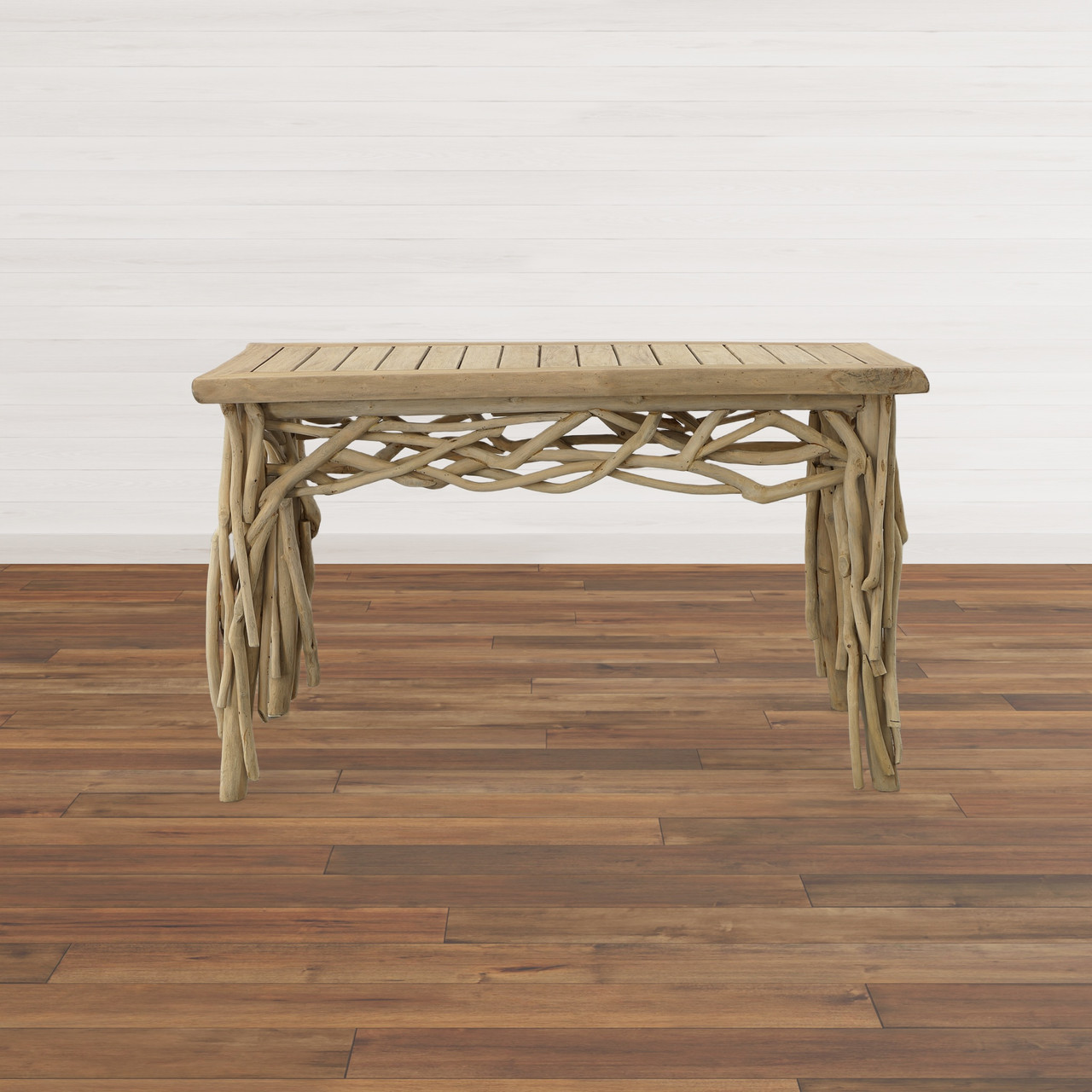 Natural Teak Branch Grizzly Adams Console Table 56 Inches Room Scene